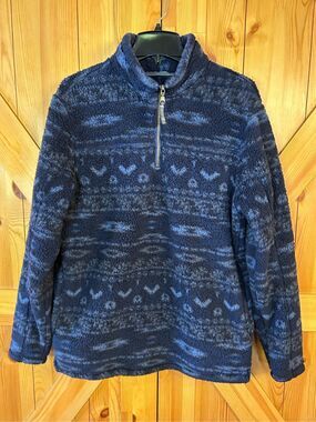 Alpine Sherpa Pullover Jacket Quarter Zip Navy Print Long Sleeve Fuzzy Medium (0